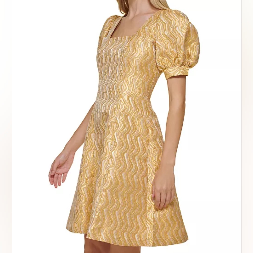 CALVIN KLEINMetallic Puff-Sleeve A-Line Dress